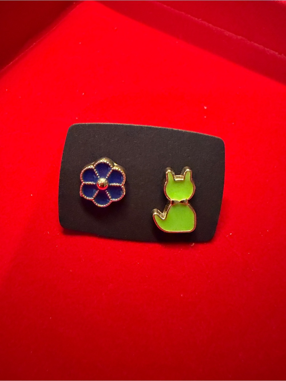 Green Cat & Blue Flower Enameled Brooch Set - Women Jewelry Brooches